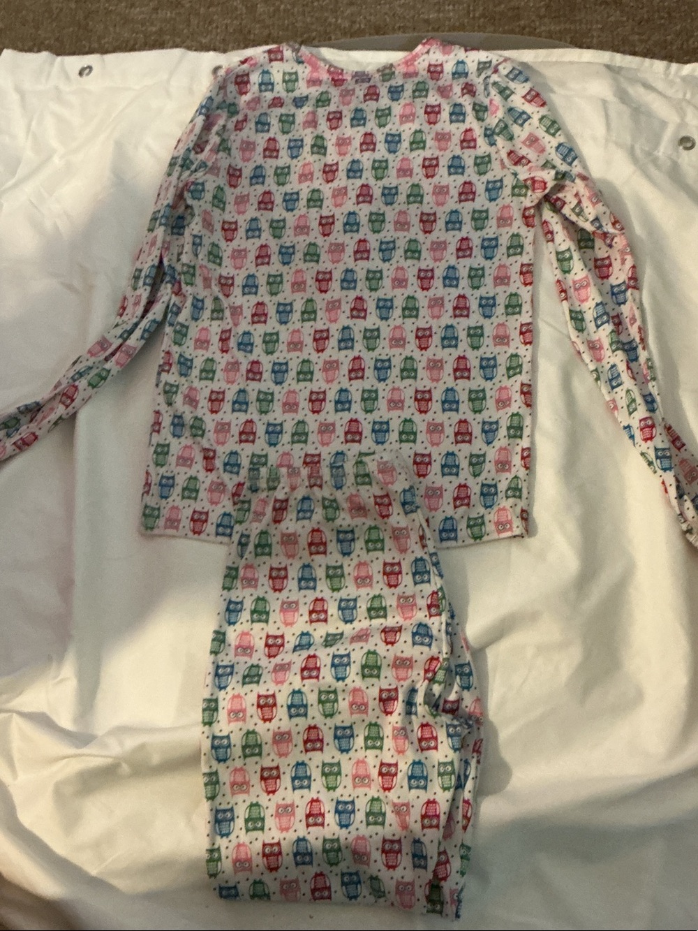 Cuddl Duds White Pajama Set with Pink, Blue & Green Owl Print